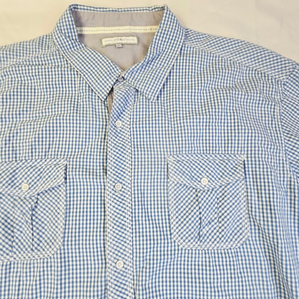 PD&C Men Gingham Button Down Shirt 4XL Blue White Plaid Short Sleeve Z21
